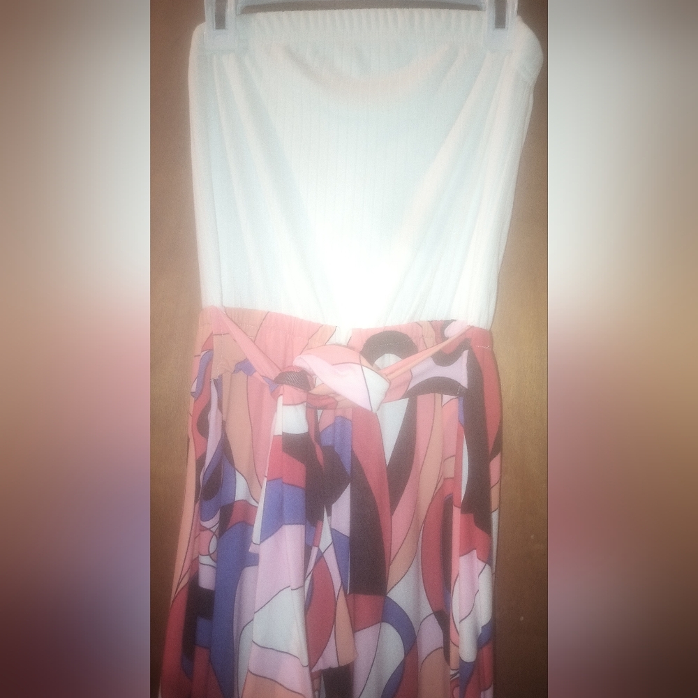 White&Multicolor Abstract Print Strapless Onepiece